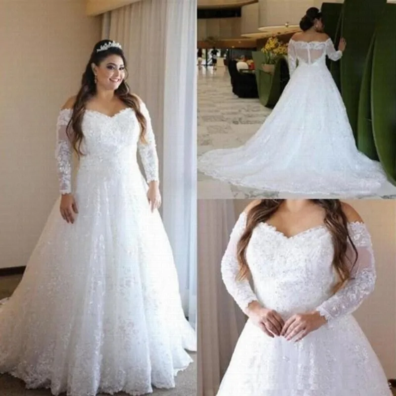 

New Arrival Plus Size Wedding Dresses 2023 Off The Shoulder Vestido De Noiva Sheer Long Sleeves Robe De Mariage Bridal Gowns