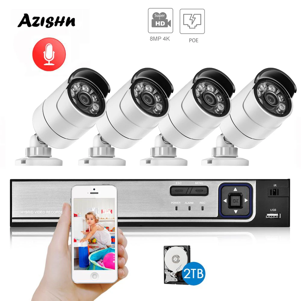 

AZISHN H.265+ 4CH 8MP 4K CCTV System POE NVR Kit 3840X2160 Audio Waterproof Metal IP Camera Bullet Home Security Camera System