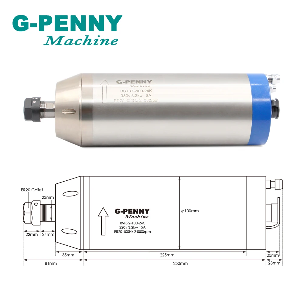 CNC Spindle Motor 220v / 380v  3.2KW ER20 4 Bearings 0.01mm accuracy Water Cooled Motor for CNC Router engraving Machine !