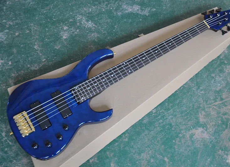 Factory custom 5 Strings Blue Electric Bass Guitar with Cloud Patterns Veneer,ASH body,Black Hardware，Provide customized service