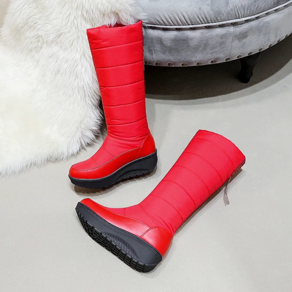 Fashion Women Winter Wedges Knee High Boots Waterproof Girls Snow Boots Fluffy Footwear Ladies Warm Platform Shoes Black Red