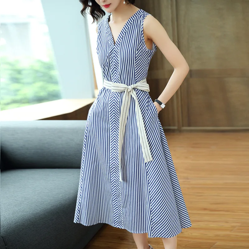 

Cotton Striped Women Summer Elegant Midi Dress Sleeveless V Neck Vintage Ladies Dresses Party Vestido Casual 71067