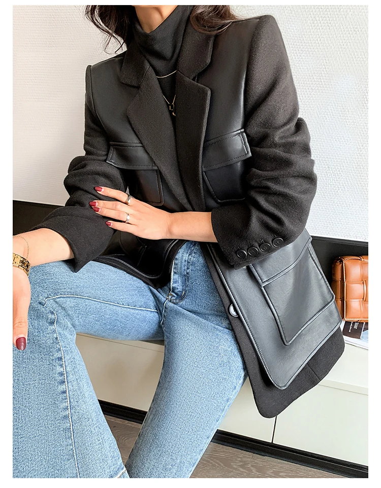 Nerazzurri Autumn Black Wool Blends Patchwork Leather Jacket Women with Many Pockets Long Sleeve Korean Fashion Streetwear 2022