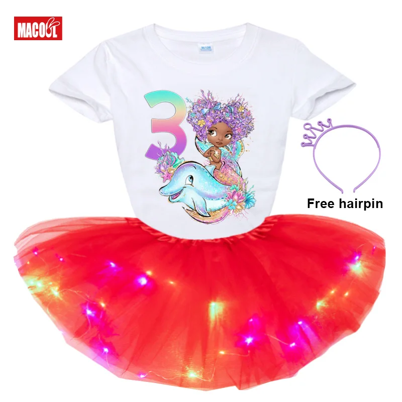 Girl Birthday Tutu Dress Sets Black Mermaid Dolphint Shirt Set Princess Girl Set Dress Party Light Dress+t Shirt 3 4 5 6 7 Years