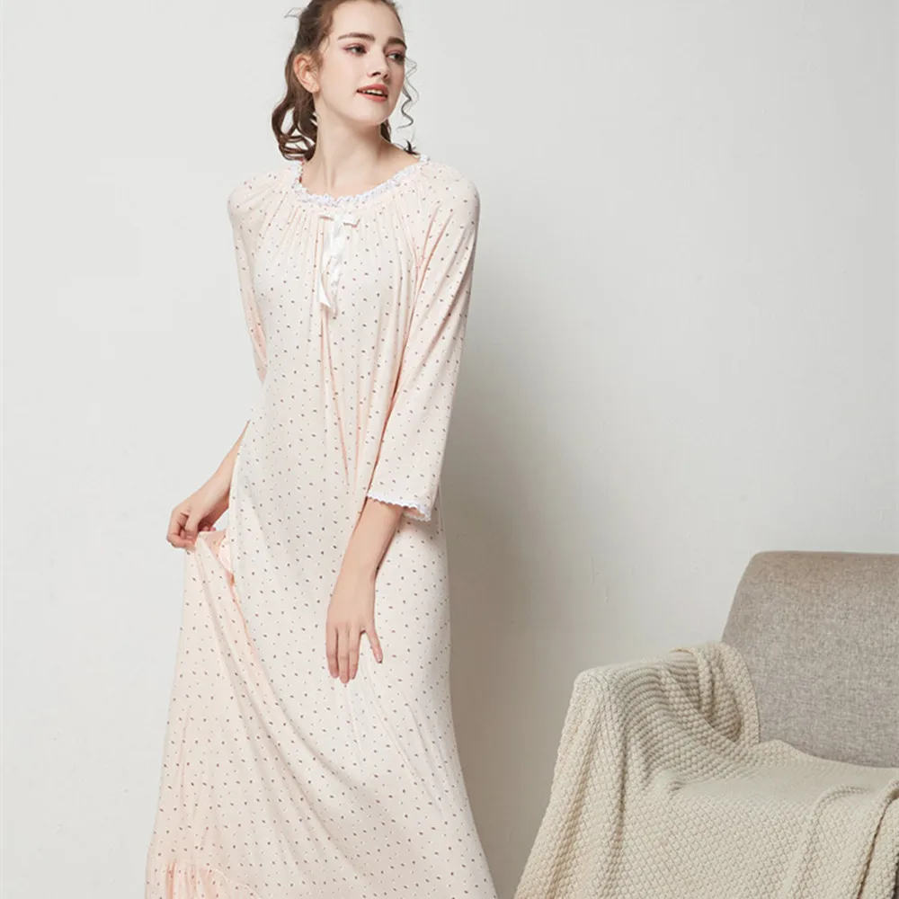 Fdfklak Spring Autumn Modal Nightgown Women Print Sleep Dress M-XXL Plus Size Loose Homewear Long Sleeve O-Neck Nightdress