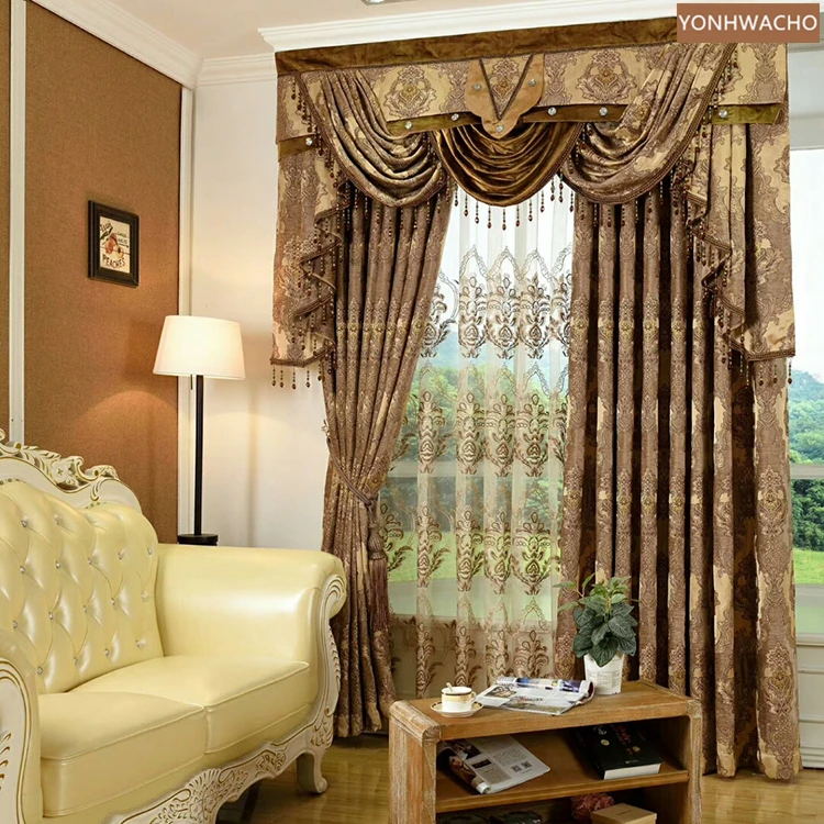 

Custom curtain Thick chenille jacquard European villa living room American cloth blackout curtain valance tulle panel C439