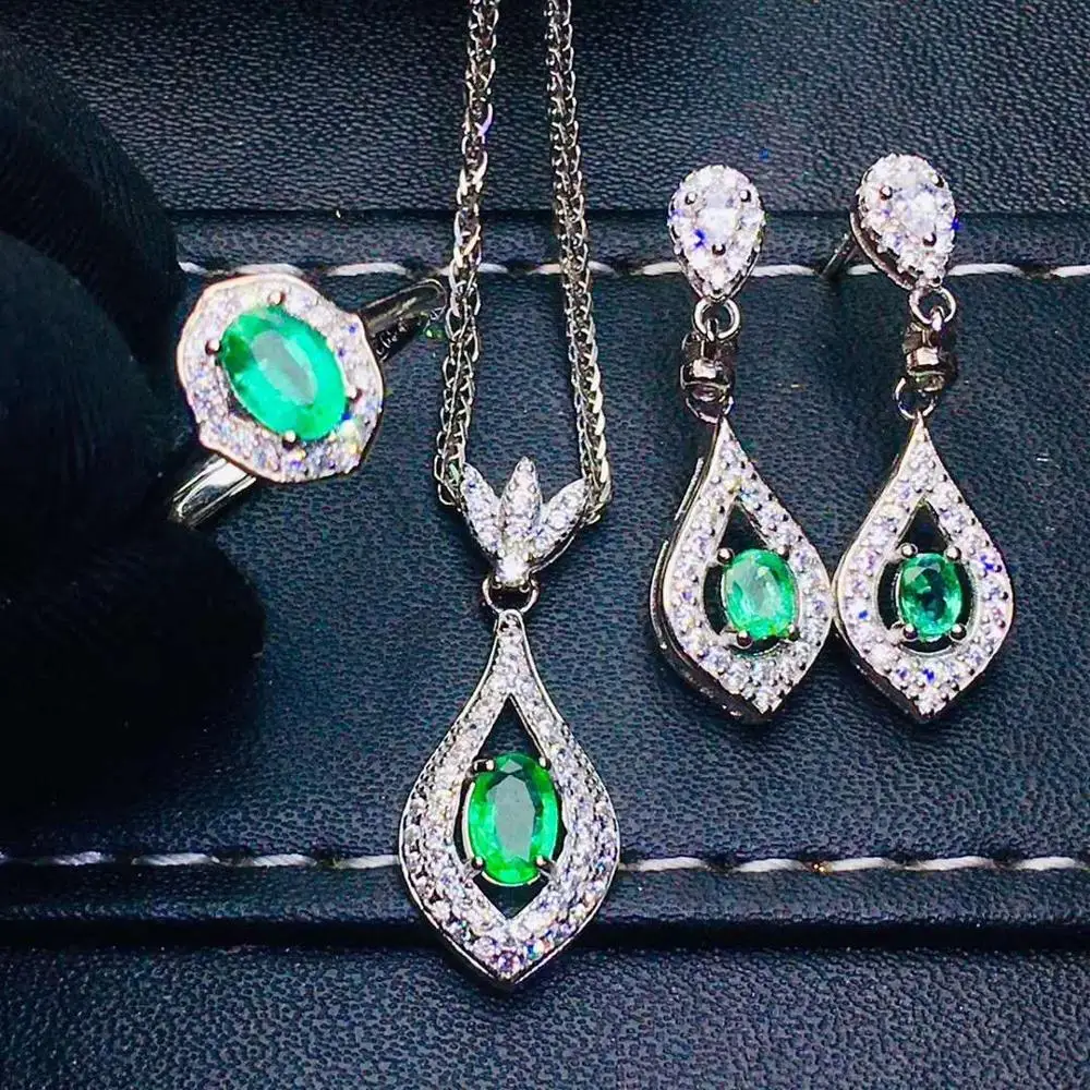 Real Natural Emerald jewelry set Natural Real Emerald 925 sterling silver 1pc pendant,1pc ring,2pcs Earring