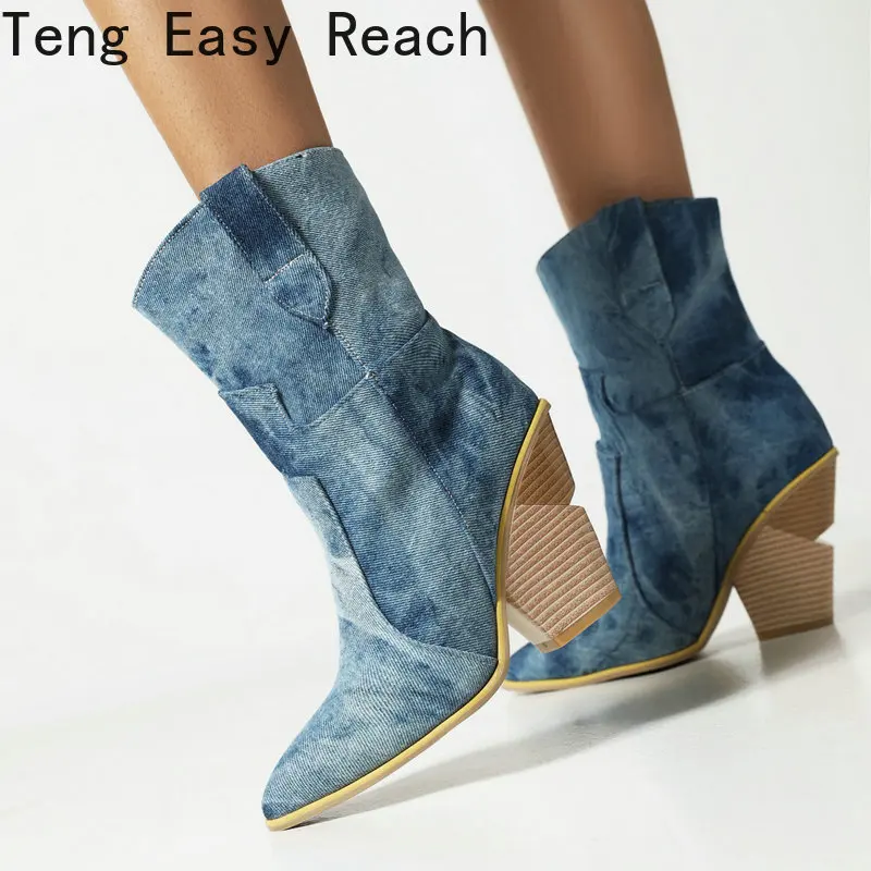 

2021 Fashion Denim Western Boots Autumn Women Boots Wedges High Heel Ankle Boots Slip on Winter Plush Woman Shoes Big Size 42 43