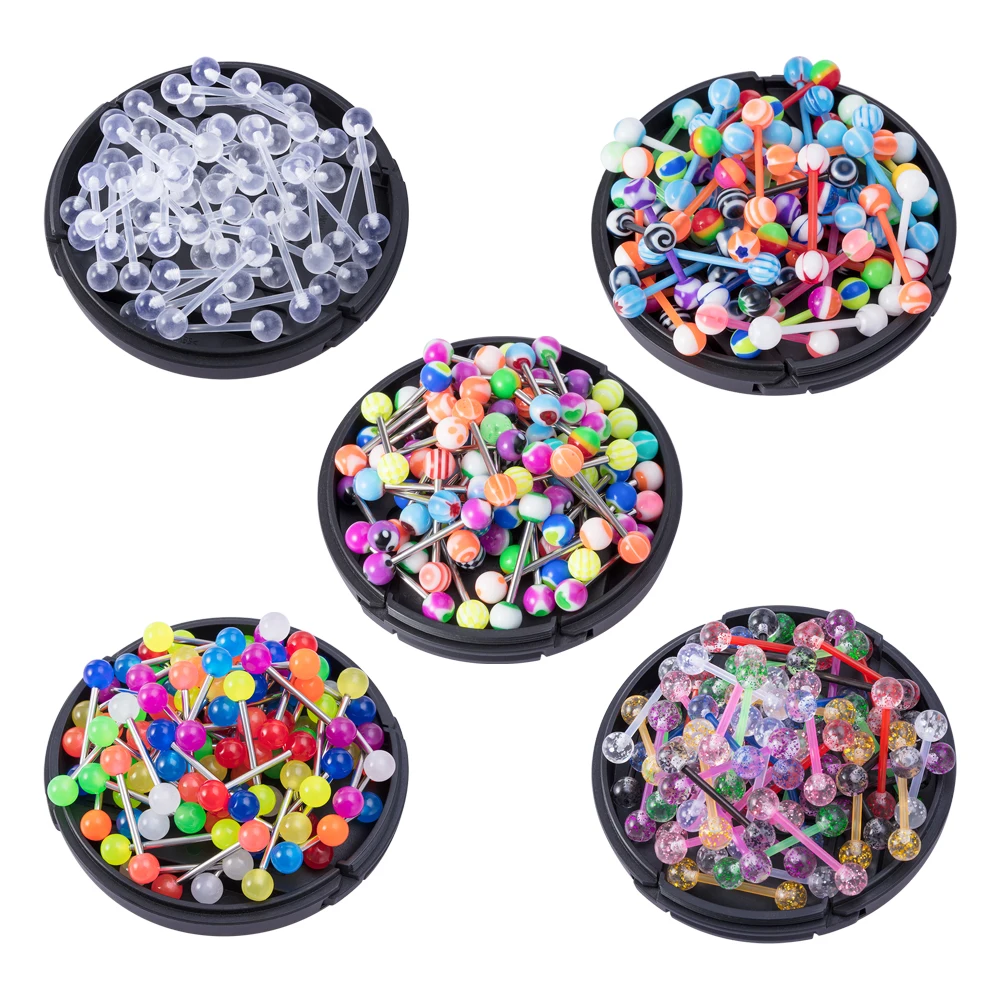 Wholesale Mix Color Acrylic Ball Tongue Rings Nipple Ring Retainer 14G Flexible Tongue Piercing Bar Bioflex Nipple Barbell 16mm