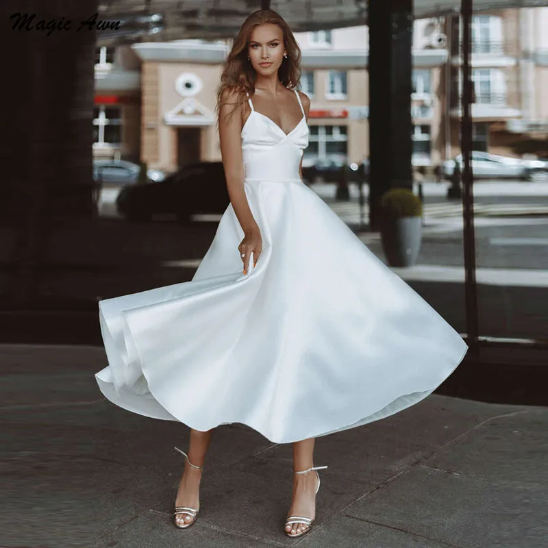 Magic Awn Boho Satin Wedding Dresses Ankle Length Spaghetti Backless Beach A-Line Bride Gowns With Pockets Simple Cheap Vetsidos