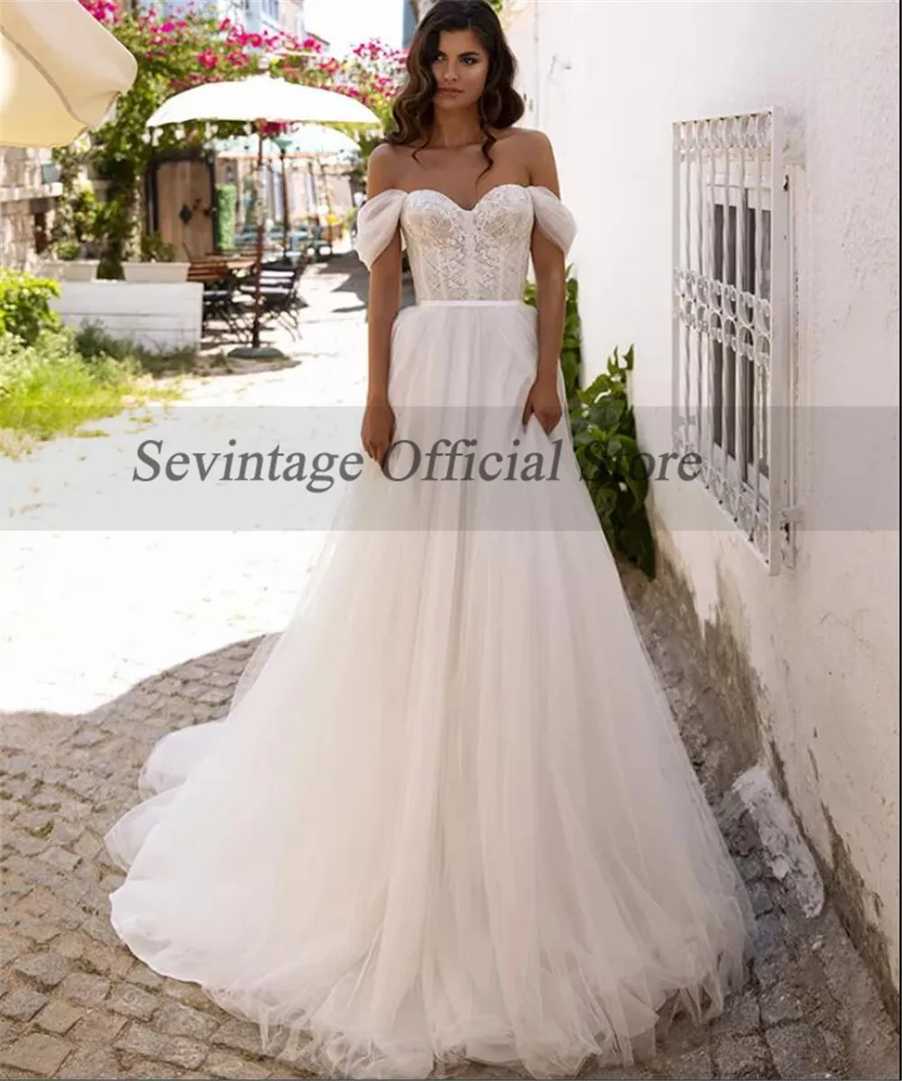 Sevintage-Vestidos de Novia de encaje, línea A, con hombros descubiertos, plisados, estilo bohemio, para playa y Campo, personalizados