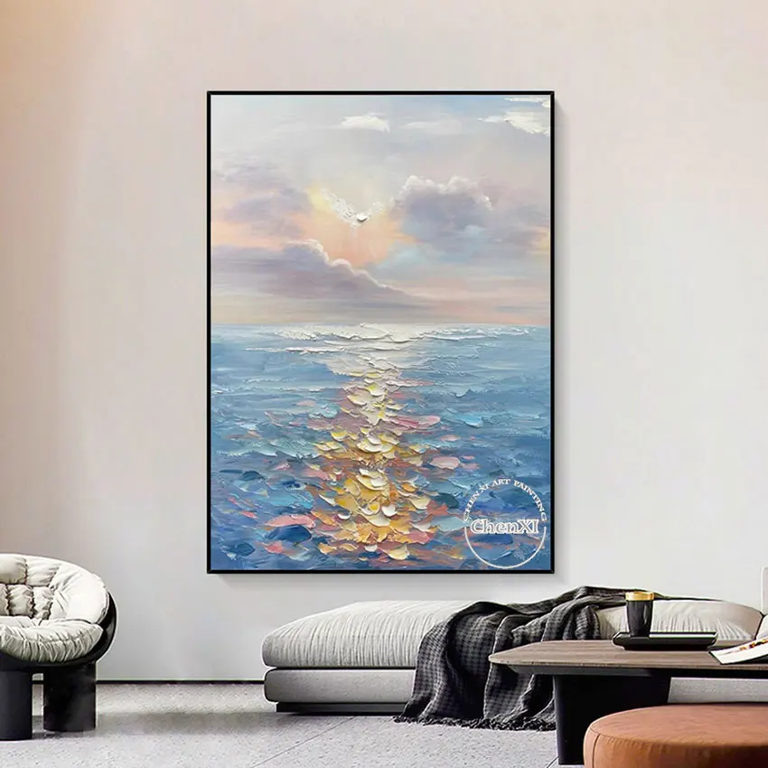 

The Sun Shone On The Sea and Sparkling Oil Painting, Modern Artwork for Western Restaurant, Unframed Free Shipping Canvas Art