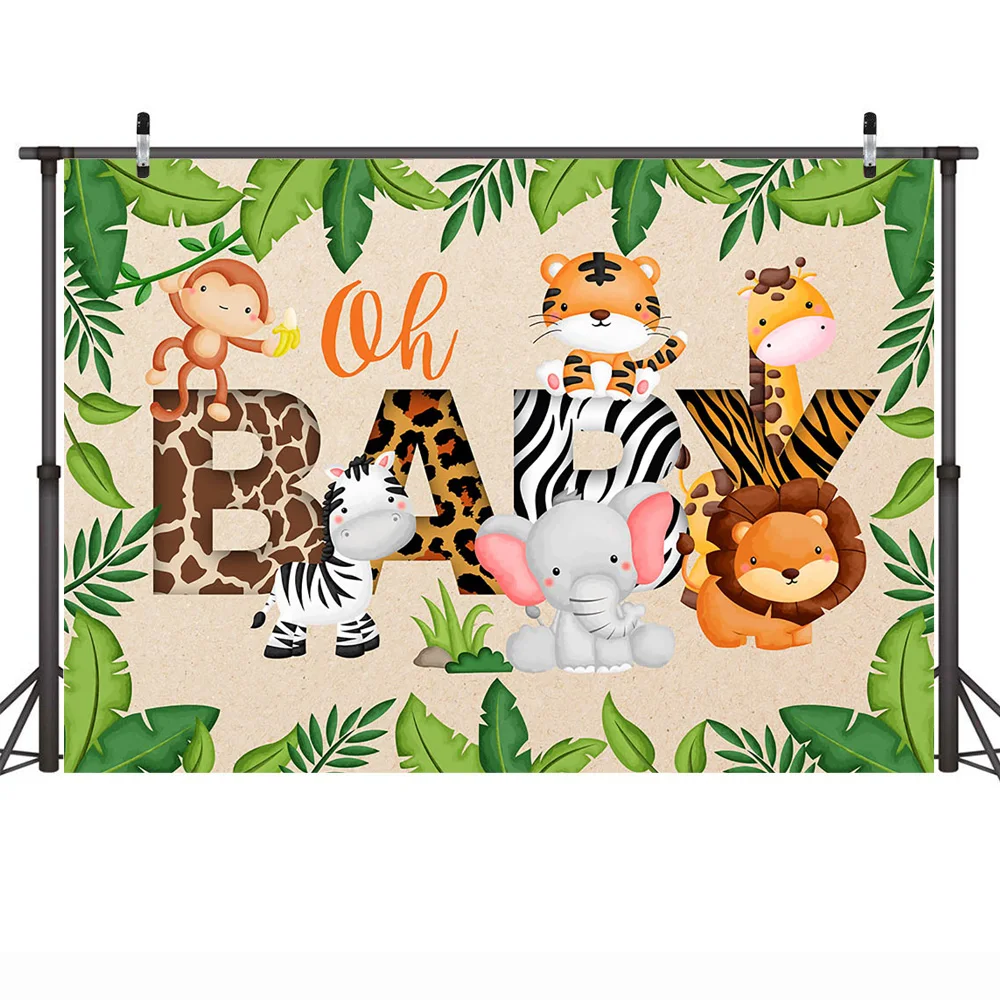 Wild Oh Baby Party Backdrop Jungle Forest Animals Baby Shower Background Green Leaves Newborn Animals Birthday Decorations