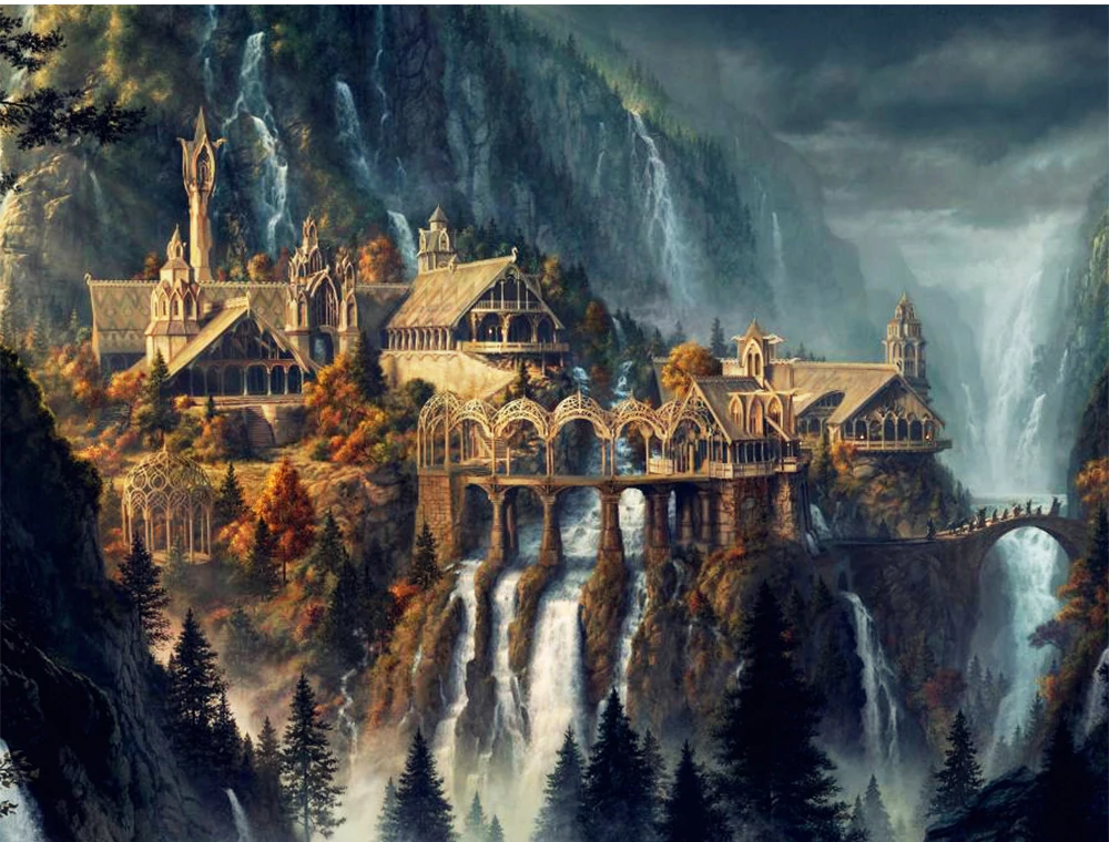 JMINE Div 5D Waterfall Medieval magic castle Mountain Full Diamond Painting kits art Scenic 3D paint by diamonds