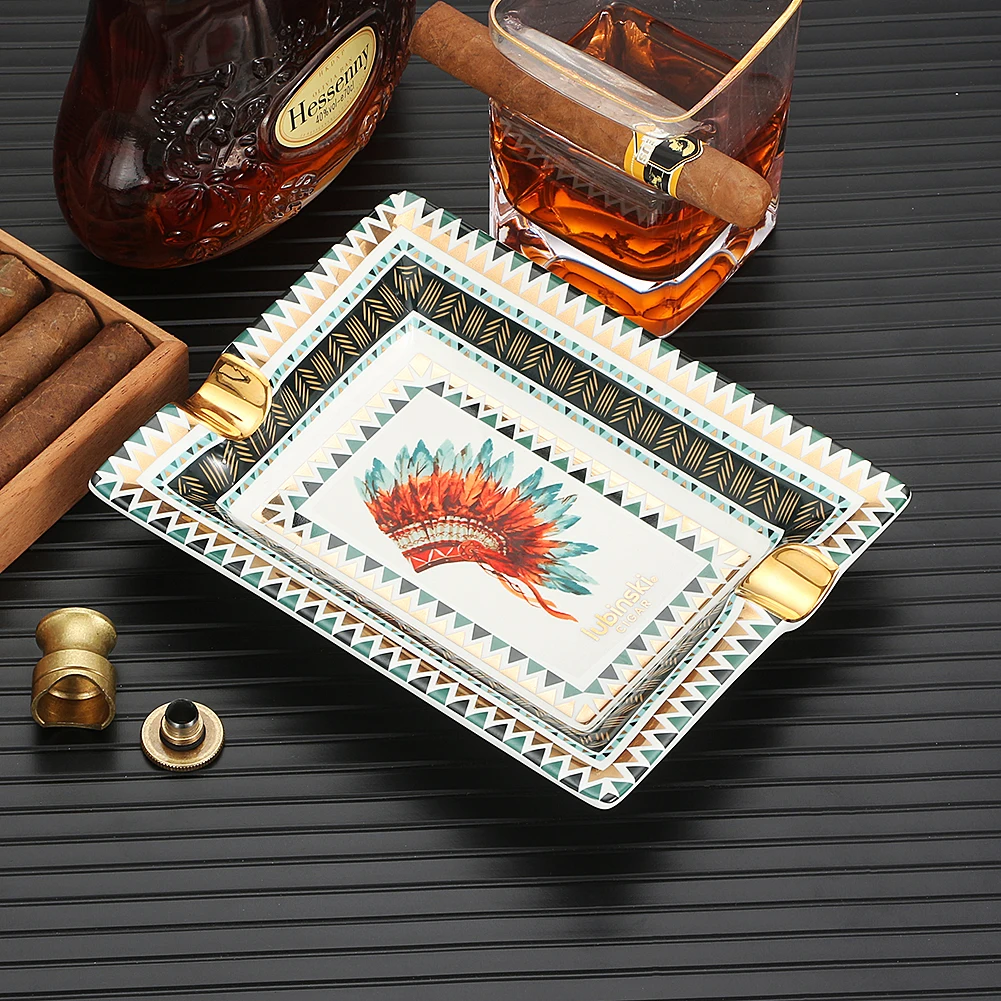 

LUBINSKI Retro Ceramic Cigar Ashtray Luxury Tobacco Holder Fit 2 Cigars Smoking Accessories Ash Holder