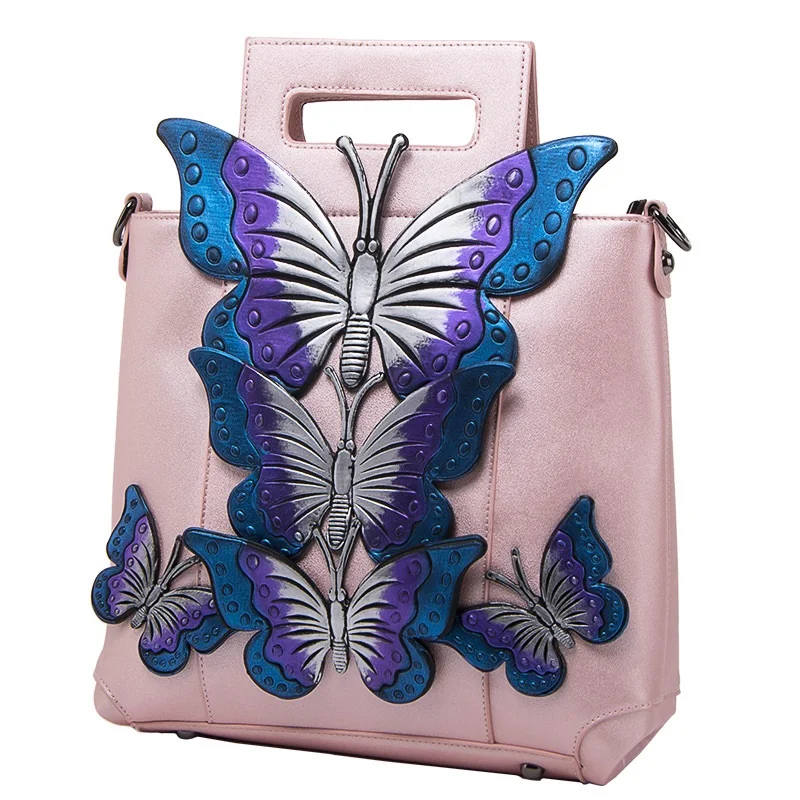 Women New Fashion Large Capacity National Style Butterfly Embroidery Painted Tote Bag Shoulder Bag Evening Bag Party Daily Pink