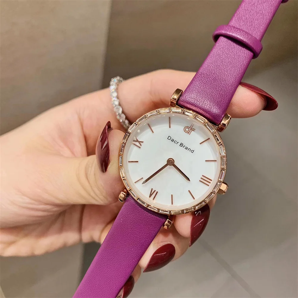 

Noble Purple Leather Strap Wristwatch Women Water Resistant Roman Numbers Watches Zircons Shell Face Candy Colors Leather Watch