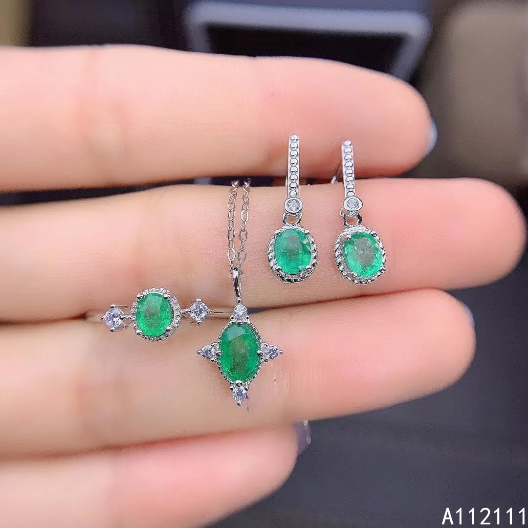 

Fine Jewelry 925 Pure Silver Inset With Natural Gem Women's Luxury Elegant Oval Emerald Pendant Ring Earring Set Support Detecti