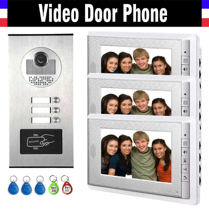 

3 Units Apartment Intercom System Video Intercom Video Door Phone Kit HD Camera 7 Inch Monitor with RFID keyfobs for 3 Household