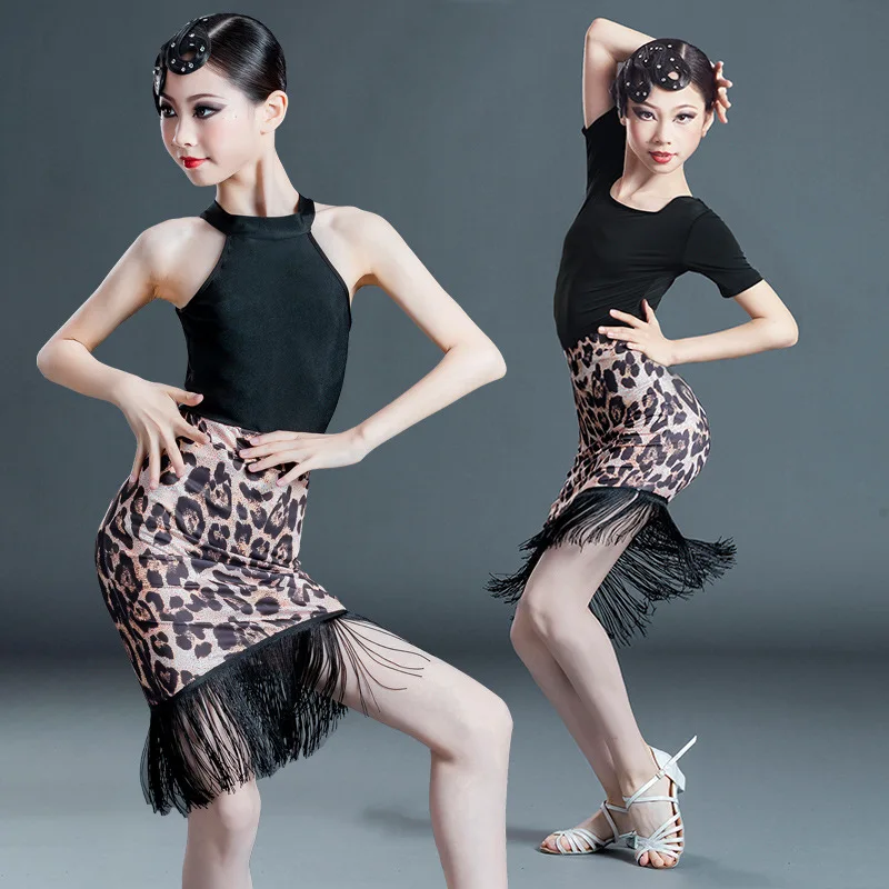 

New children's girls Latin dance skirt tassel Latin Dance Dress Salsa Dance Dress Black Leopard dance hall Tango skirt