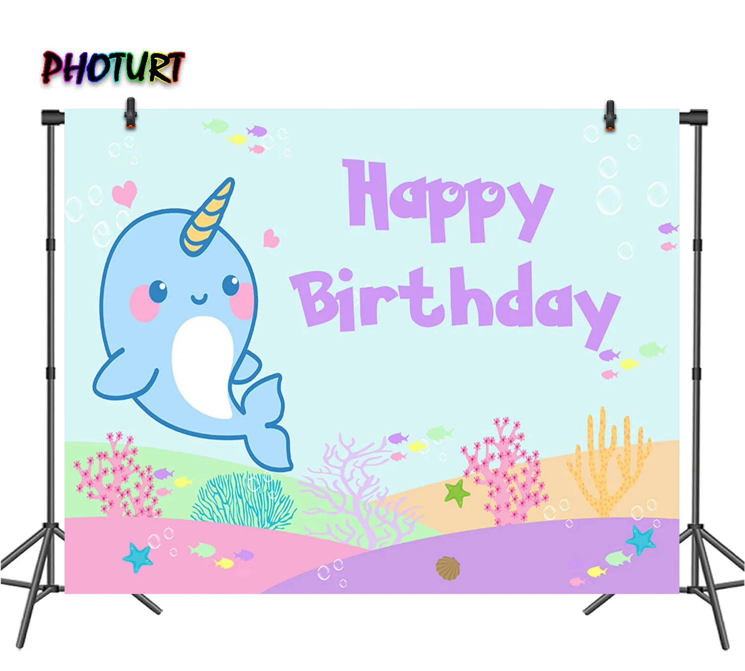 

PHOTURT Baby Narwhal Backdrop Kids Birthday Newborn Shower Background Undersea Shark Polyester Vinyl Banner Decoration Props