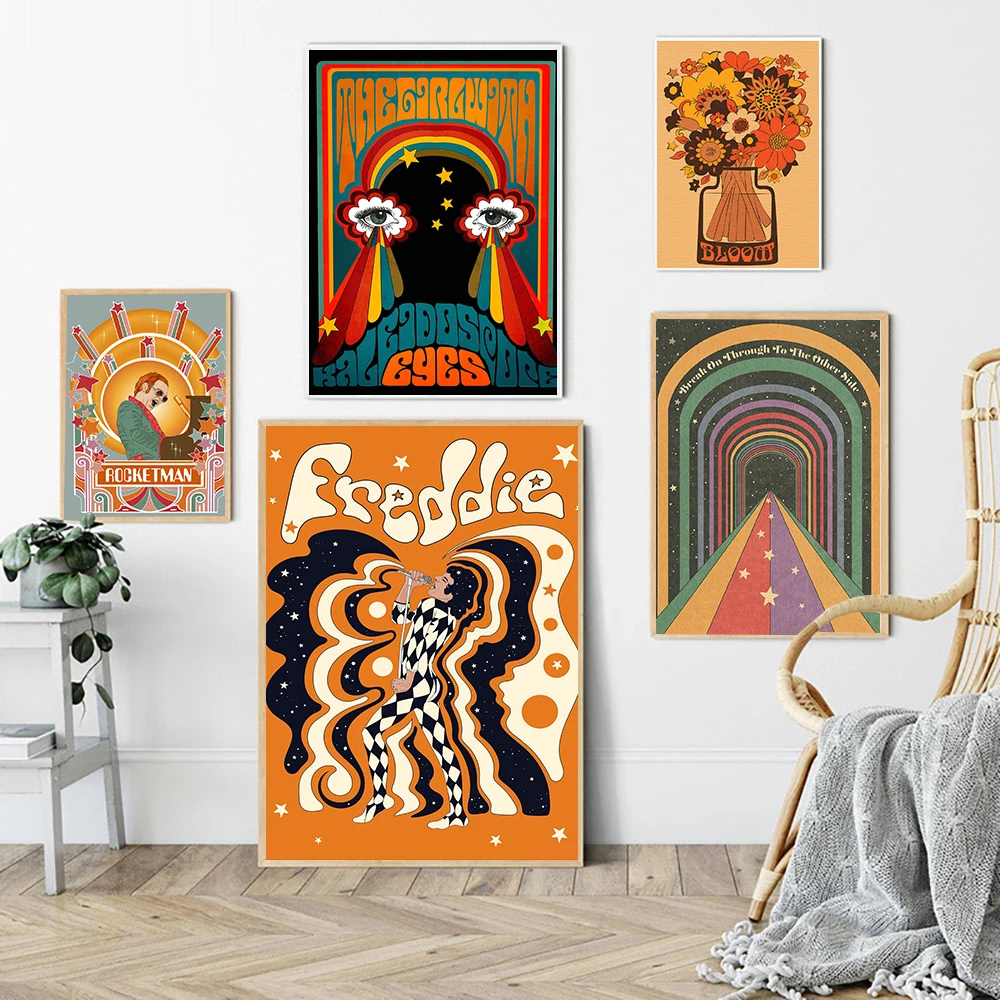 Bohemian Retro Psychedelic Poster 60s 70s Singer Flower Canvas Painting Abstract Vintage Wall Pictures Living Room Home Decor