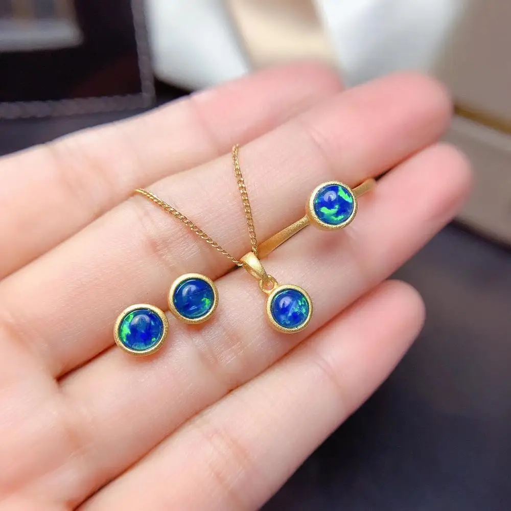 

New Natural Opal Jewelry Set including Stud Earrings Ring Necklace 925 Silver Gold Plated Beautiful Fire Change Women Gift