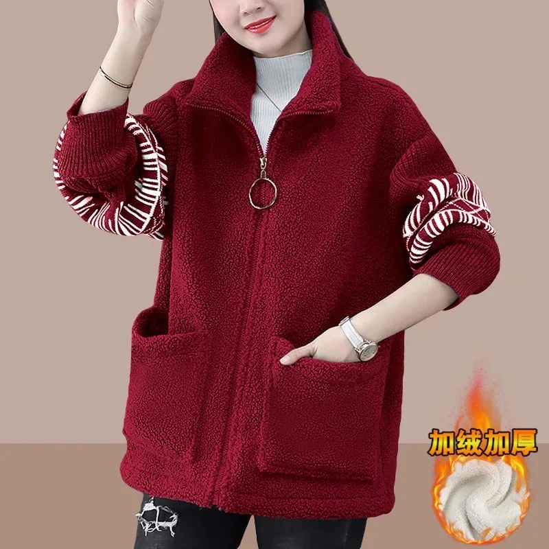 

Add Velvet Thicken Female Hoodie Jacket Autumn Winter 2024 New Loose Fashion Splicing Pocket Imitate Lambswool Women's Coat