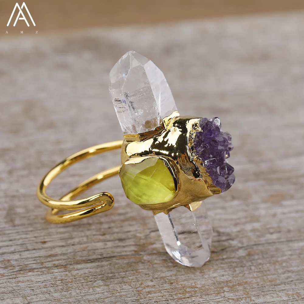 

Fashion Women Healing Crystal Beads Gold Open Ring White Citrine Amethyst Quartz Statement Rings Fashion Jewelry Gift Dropship