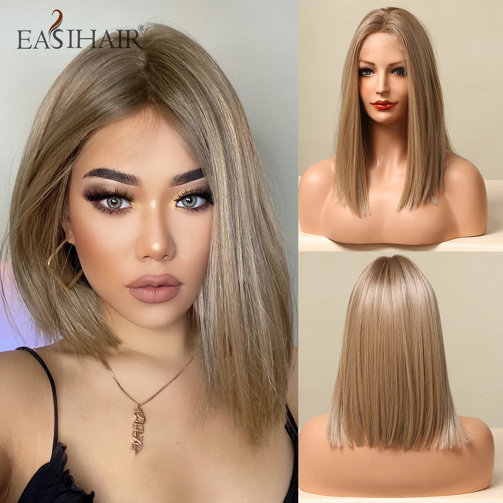 EASIHAIR Goldern Blonde Lace Front Wigs Medium Bob Straight Synthetic Wigs for Women Brown Roots Natural Hair Wig Heat Resistant