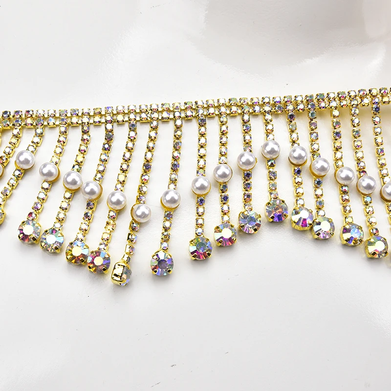 High-Grade Rhinestone Tassel Fringe Trim Pearl Crystal Dense Chain Applique For Craft Wedding Costume Accessories Diy Decoration