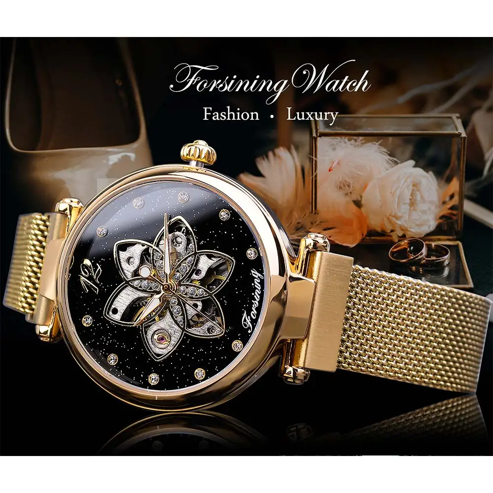 Forsining New Arrival Mehanical Womens Watch Top Brand Luxury Diamond Gold Mesh Waterproof Female Clock Fashion Ladies Watches