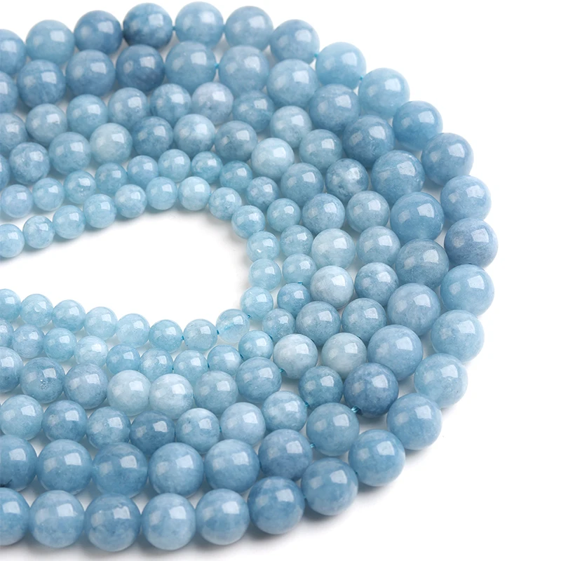 LS Natural Blue Aquamarin Stone Round Spacer Loose Beads For Jewelry Making Bracelet Necklace 15\