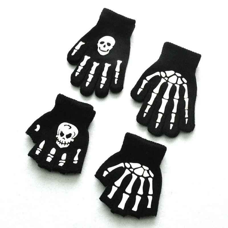 Wecute Toddler Kid Halloween Cosplay Skeleton Skull Half Finger Glove Glow in the Dark Luminou Fingerless Children Winter Mitten