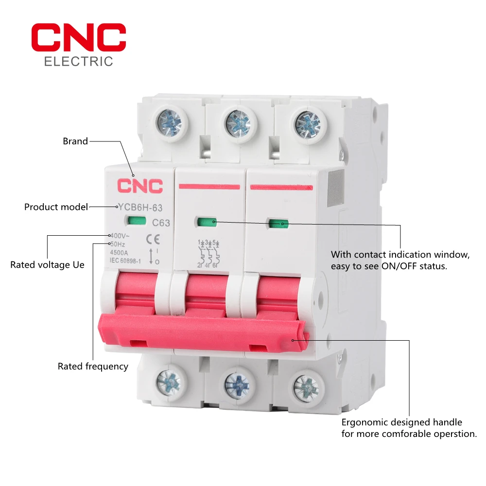 CNC 1P 2P 3P YCB6H-63 18mm Miniature Circuit Breaker Din Rail Mount Breaking Capacity 6A/10A/16A/20A/25A/32A