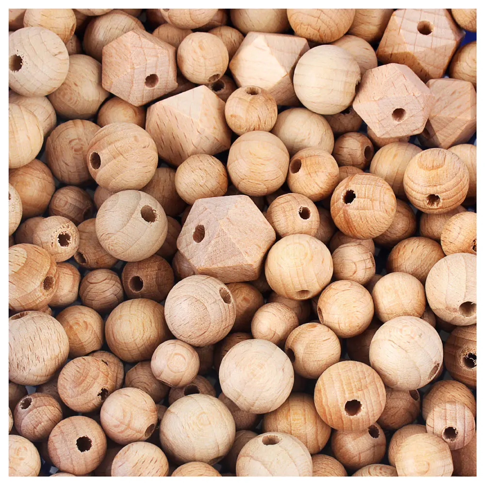 20pcs Wooden Baby Round Hexagon Beads 10mm 12mm 14mm 16mm DIY Pacifier Chain Baby Teething Toys Natural Beech Wood Bead Pearl