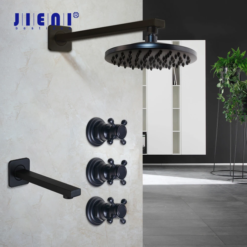 JIENI Matte Black Rainfall Shower Wall Mount Shower Faucet W/ Round Shower Head Water Mixer Adjustable Chrome Antique Shower Set