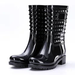 Women Boots Spring Summer Rainboots Mid-Calf Woman Shoes Big Size Non-slip Waterproof Female Footwear Rivet PVC Rain Boots Pop99