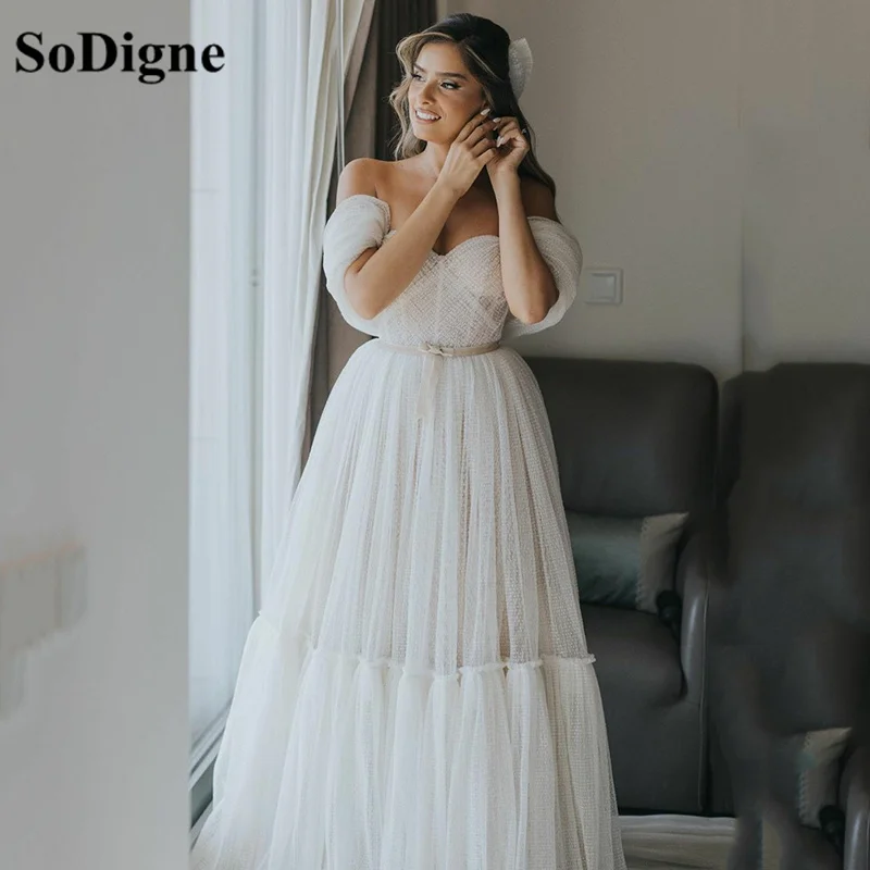 Sodigne marfim babados tule vestido de noite fora do ombro em camadas plus size vestidos de baile 2021 a linha vestidos de festa de casamento