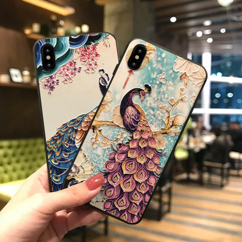 Peacock Peahen embossed case For Iphone 14 Pro Max 13 12 11 cover For xs max soft case