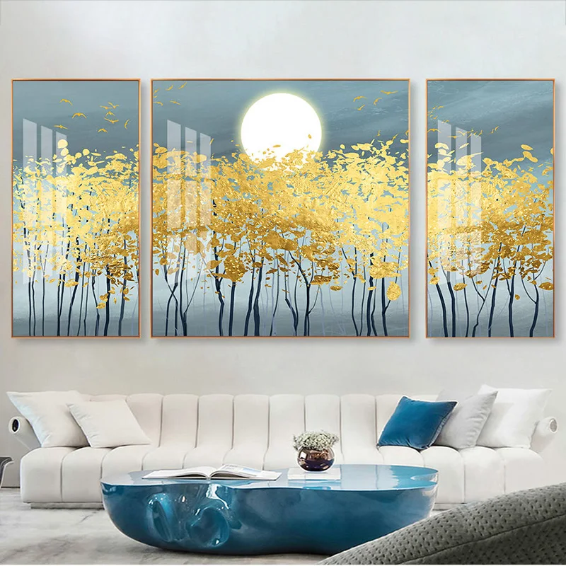 

Nordic Golden Forest Wall Pictures, Abstract Canvas Painting, Tree, Moon, Pictures for Living Room, Home Decoration, 3 Panels