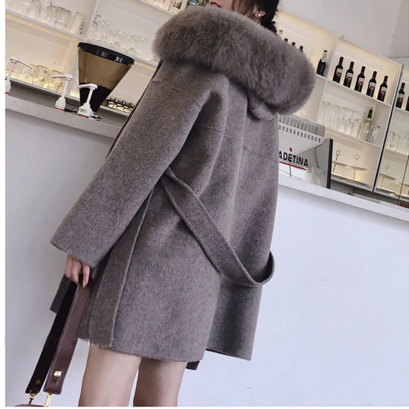 Korea Hooded Cashmere Long Coat With Hood Real Fox Fur Hood Trim Women Warm Large Jacket Female Hooded Outwear Spring Loose Coat