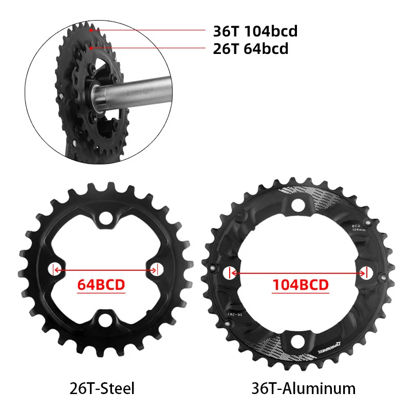 PROWHEEL MTB Kettenblatt 104/64BCD Doppelkettenblätter 26T 28T 36T 38T Mountainbike-Kettenblatt 10S/11S Kompatibel MTB Kurbelgarnitur – Detail 1