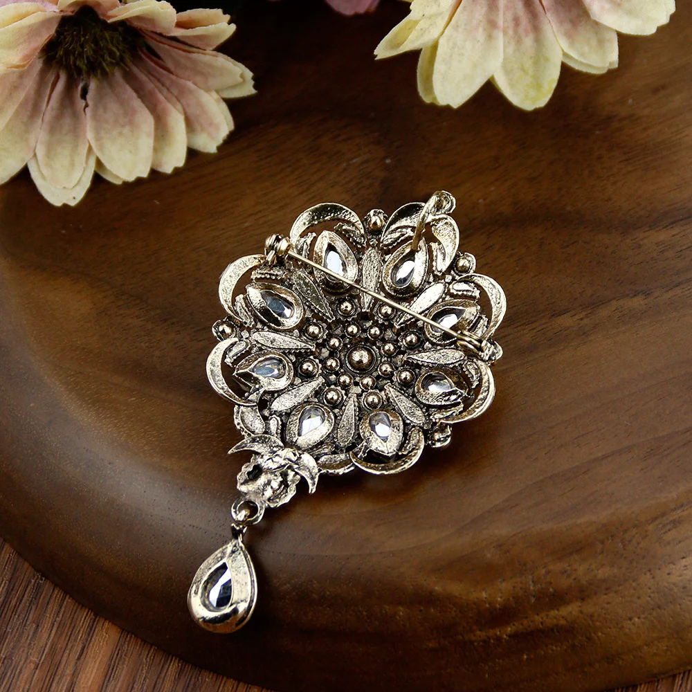 Sunspicems Vintage Indain Bohemia Gray Crystal Brooch Pendant For Women Morocco Algeria Flower Banquet Wedding Jewelry Gift