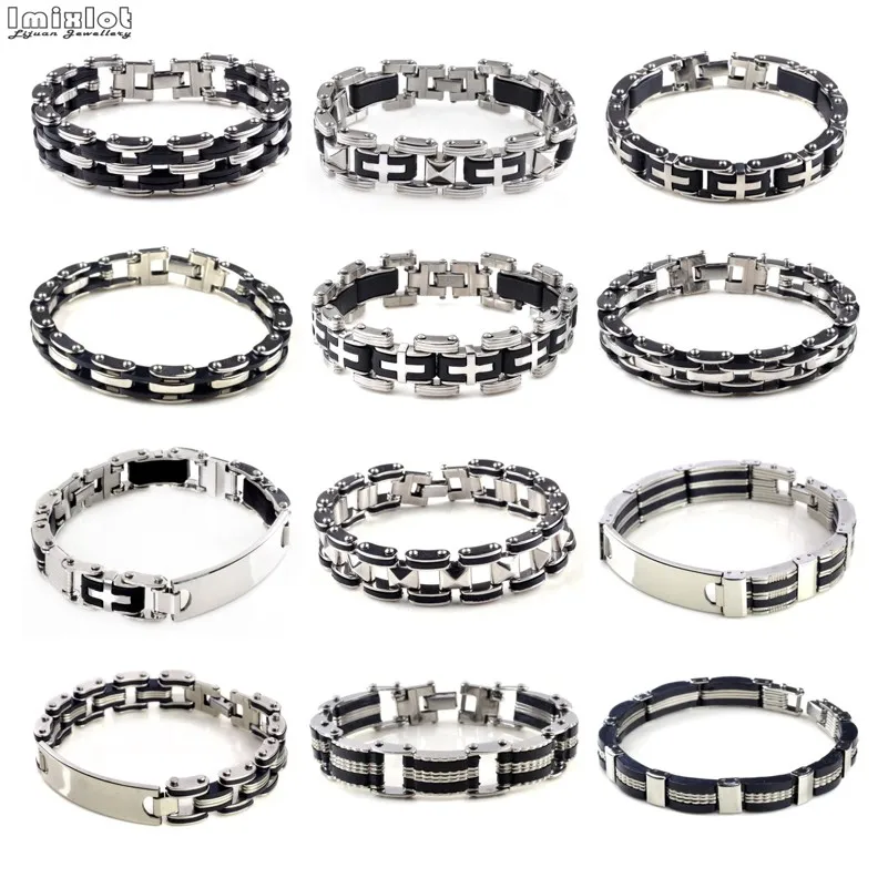 40 Style Men\'s Stainless Steel Link Chain Bracelets & Bangles Rubber Wristband Men Bicycle Motorcycle Black Silicone Bracelet