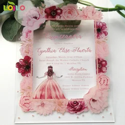 10pcs Colorful Printing Flower Quinceanera Invitation Card Acrylic Custom Wordings Birthday Invites