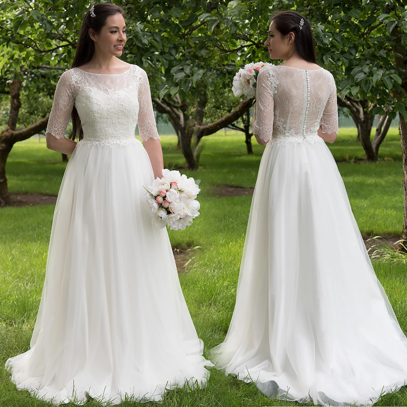 

Country Wedding Dress Lace Top Bodice Tulle Skirt Half Sleeves Bridal Dress Beach Simple Wedding Gowns with Botton Back