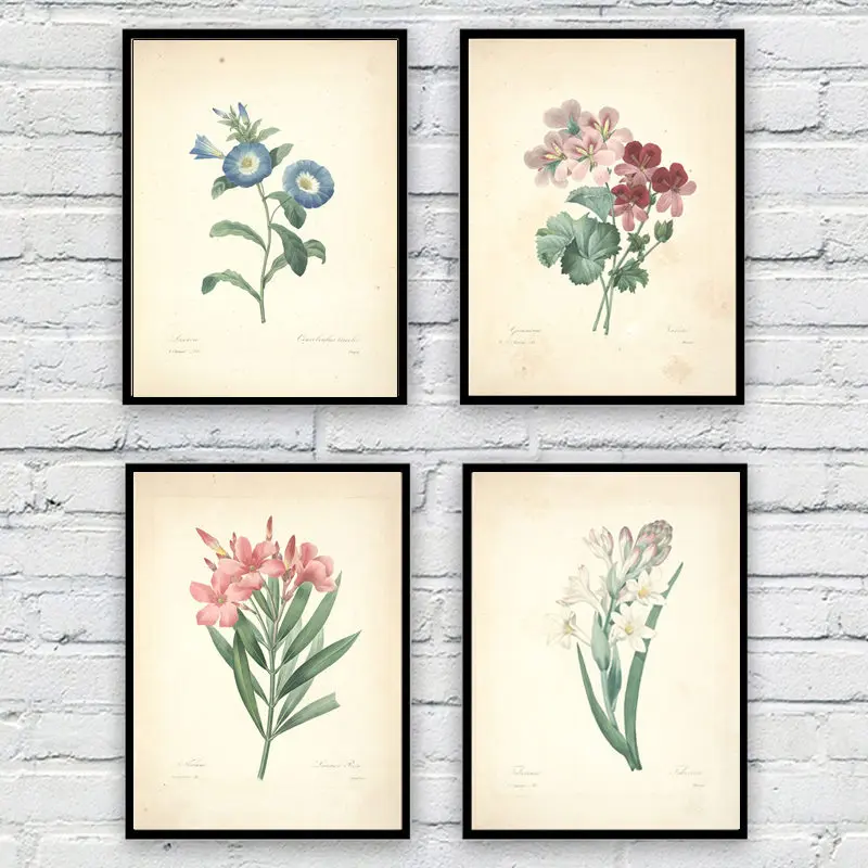 European Retro Botanical Canvas Painting Home Living Bedroom Decor Vintage Ancient Flower Wall Art Picture Poster