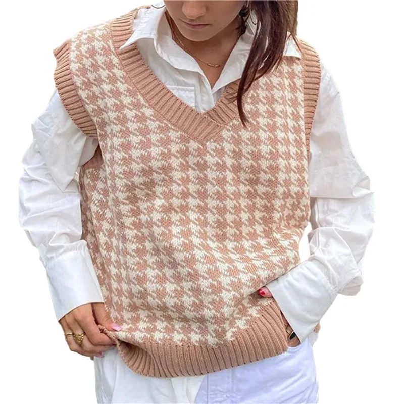 2021 Tops Girl Sweater Vest Women Jumper V Neck Pullover Knitted Vests Y2k Preppy Style Houndstooth Crop Top Autumn Outfits