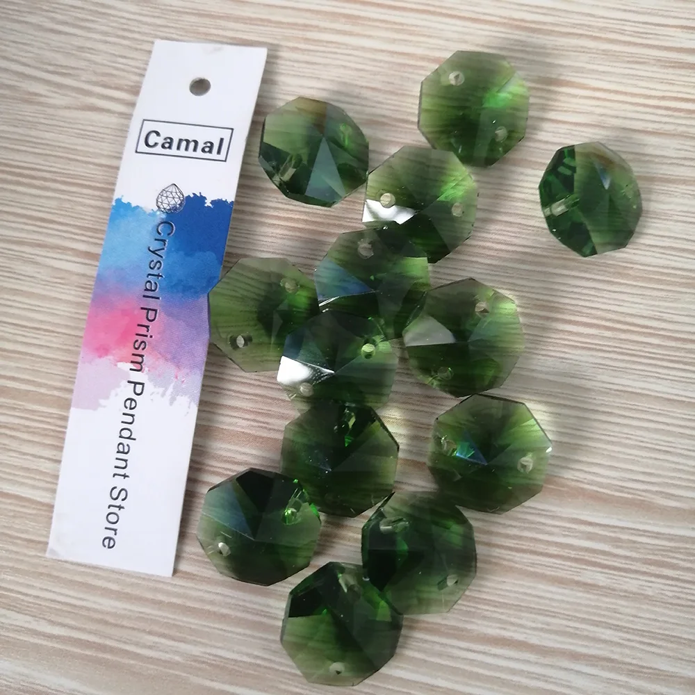 Camal 20pcs Grass Green 14mm Crystal Octagonal Loose Bead Two Holes Prisms Chandelier Lamp Parts Wedding Centerpiece Hanging